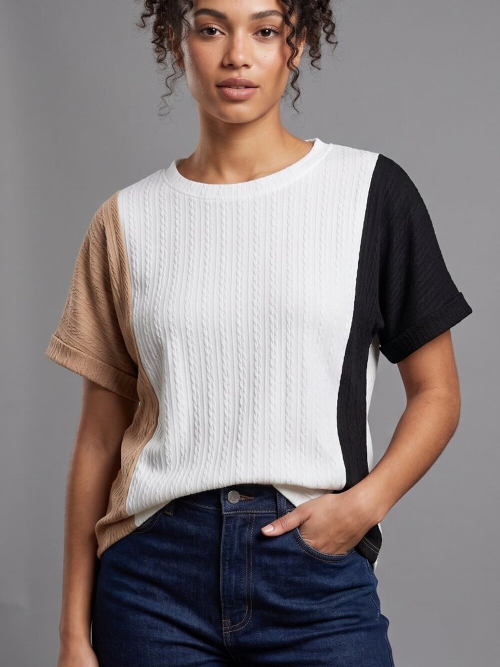 NWOT | Colorblock Cable Knit Texture Short Sleeve Crew Neck Top | Small